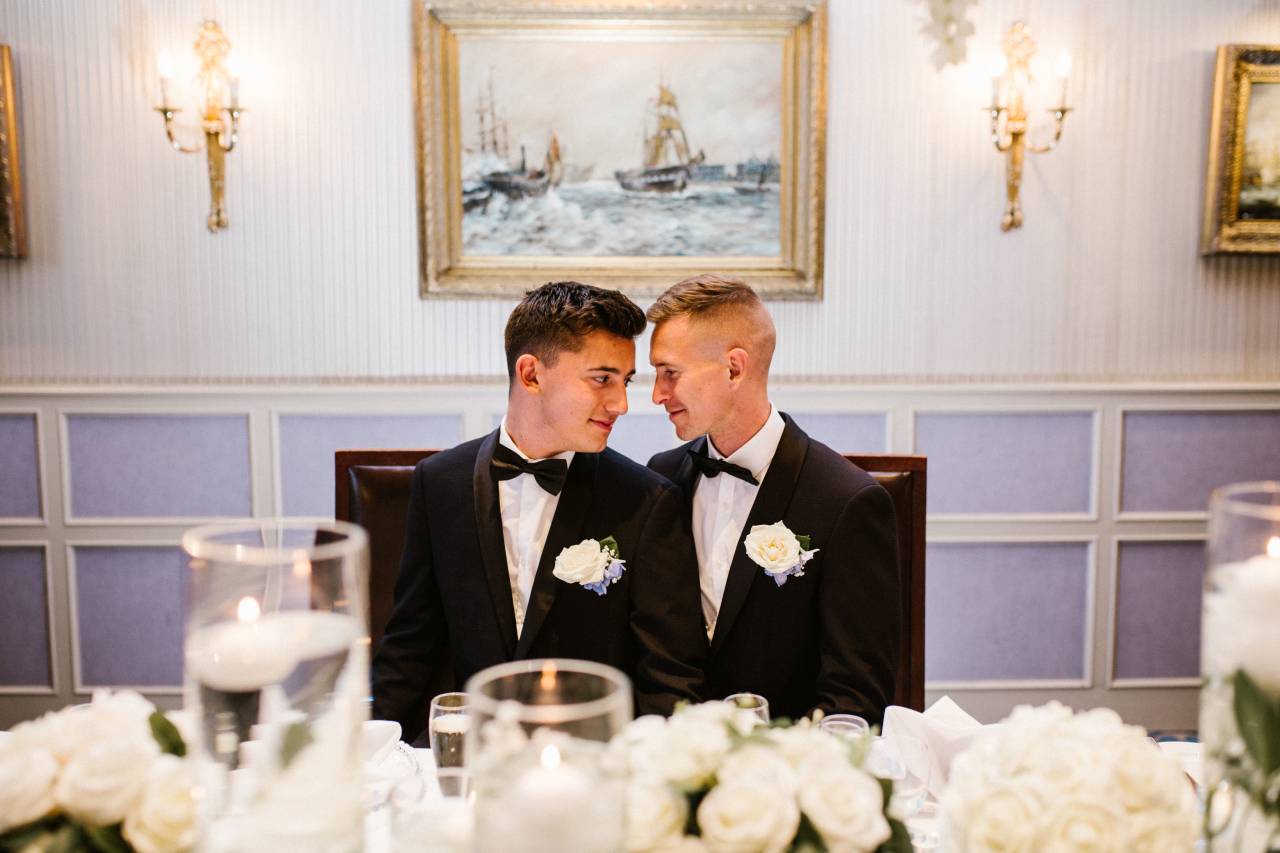 Wedding couple attending meal